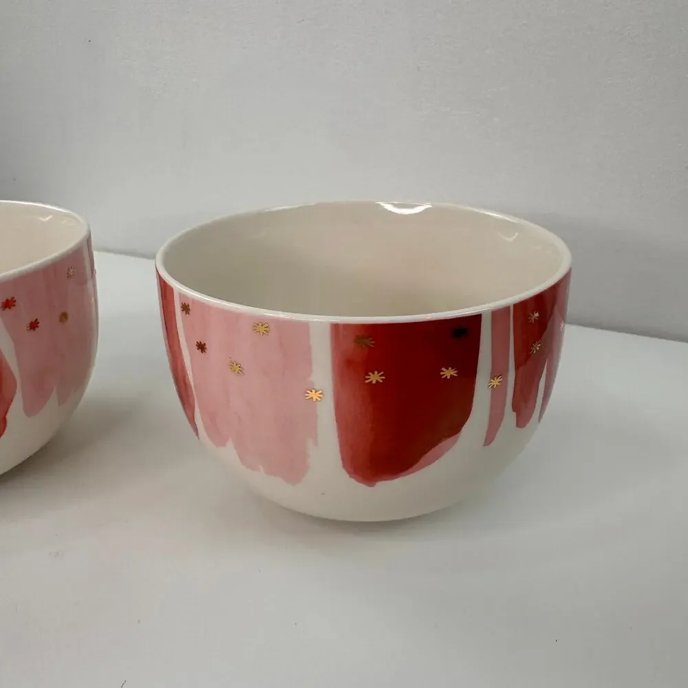 Anthropologie Night Sky Cereal Bowls Watercolor Gold Star Ceramic Round Set of 2